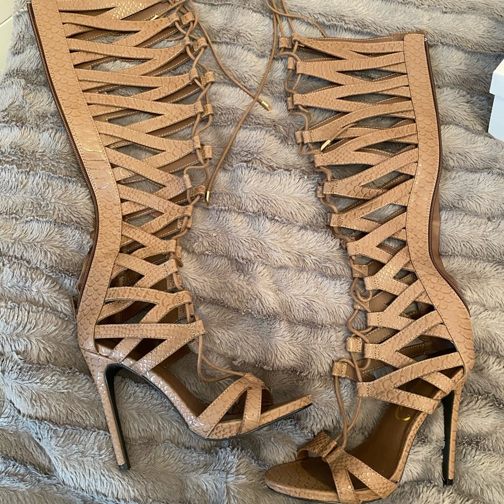 Croc Effect Lace Up Caged Heels